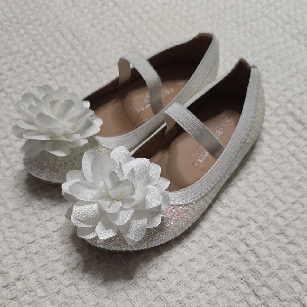 Falls Creek White Glitter Kids Flats with Flower Accent